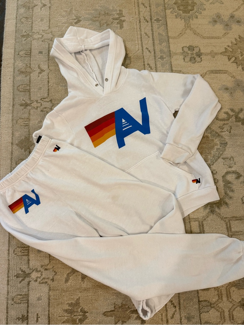 Aviator Nation Kids White Sweatshirt and Sweatpants with Rainbow 'A' Logo